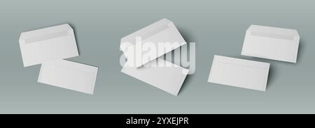 Empty white open and closed envelopes in different angles. Three pairs of blank paper letter package templates of dl standard size for branding presentation. Realistic 3d blank mailing mockup set. Stock Vector