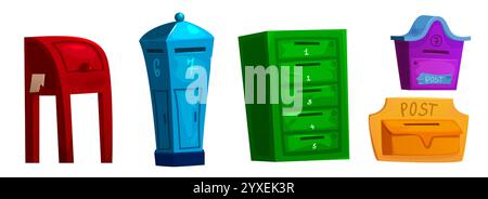Colorful letterbox and post collection of different designs - red stand mailbox, tall blue receptacle, numbered green apartment slots, purple and yellow wall containers. Mail delivery equipment set. Stock Vector