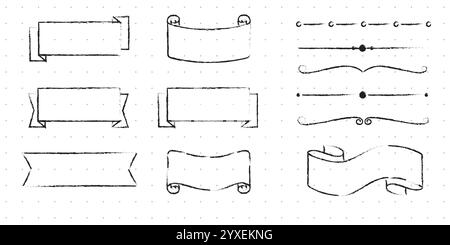 Set of Cute Hand drawn Doodle Banners and Ribbons isolated on white background for your Design. Bullet journal Ideas. Girly Stuff. Sticky Notes. Stock Vector