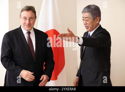 Tokyo, Japan. 16th Dec, 2024. United nations Development Program (UNDP) administrator Achim Steiner (L) is greeted by Japanese Foreign Minister Takeshi Iwaya (R) for their talks at Iwaya's office in Tokyo on Monday, December 16, 2024. Steiner is in Tokyo for the commemoration of the 70th anniversary of Japan's Official Development Assistance (ODA). (photo by Yoshio Tsunoda/AFLO) Credit: Aflo Co. Ltd./Alamy Live News Stock Photo