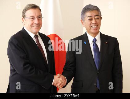 Tokyo, Japan. 16th Dec, 2024. United nations Development Program (UNDP) administrator Achim Steiner (L) shakes hands with Japanese Foreign Minister Takeshi Iwaya (R) prior to their talks at Iwaya's office in Tokyo on Monday, December 16, 2024. Steiner is in Tokyo for the commemoration of the 70th anniversary of Japan's Official Development Assistance (ODA). (photo by Yoshio Tsunoda/AFLO) Credit: Aflo Co. Ltd./Alamy Live News Stock Photo