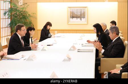 Tokyo, Japan. 16th Dec, 2024. United nations Development Program (UNDP) administrator Achim Steiner (L) talks to Japanese Foreign Minister Takeshi Iwaya (R) at Iwaya's office in Tokyo on Monday, December 16, 2024. Steiner is in Tokyo for the commemoration of the 70th anniversary of Japan's Official Development Assistance (ODA). (photo by Yoshio Tsunoda/AFLO) Credit: Aflo Co. Ltd./Alamy Live News Stock Photo