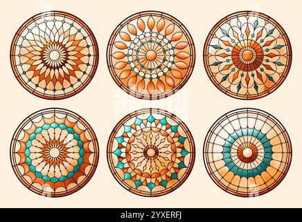 Pack with Church glass windows. Catholic Christian frames. Warm colors. Stock Vector