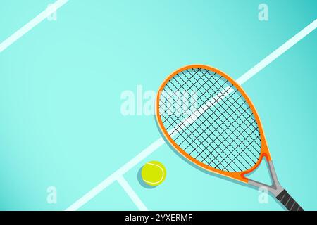 tennis racket with tennis ball on green court no people, closeup sport accessories vector illustration sport gradient background. eps10. Stock Vector