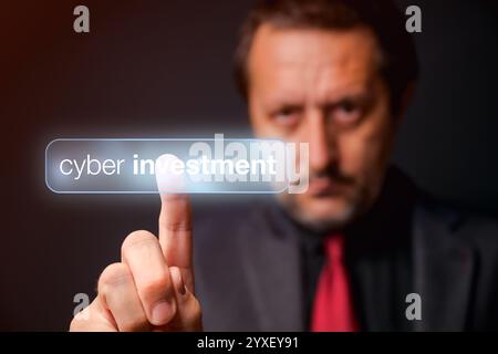 Cyber investment concept, businessman pushing virtual screen button, selective focus Stock Photo