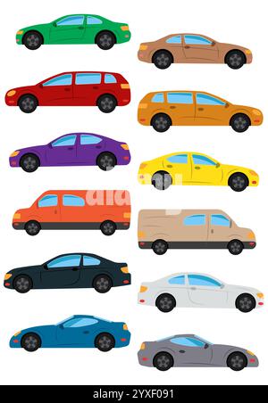 Set of multicolored car. Isolated vector illustration. Stock Vector