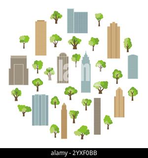 Modern buildings and skyscrapers with green trees in circle. Vector illustration Stock Vector