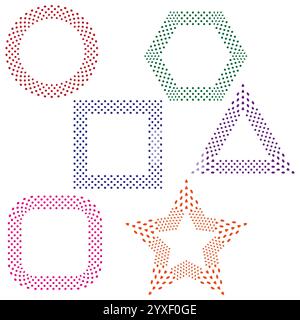 Geometric dotted shapes. Circle, square, triangle. Colorful vector outlines. Abstract star detail. Stock Vector