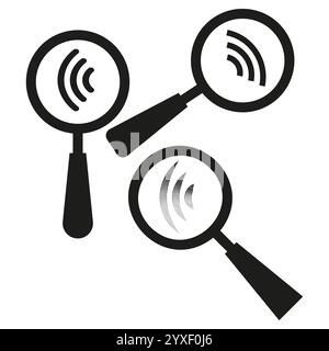 Magnifying glass icon. Wireless signal focus. Search vector design. Black and white style. Stock Vector