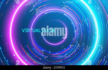 Virtual pulse represented by vibrant circular motion of glowing light trails. Big data and data science integration with advanced technology and Stock Vector