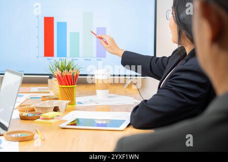 Back view shot of Business CEO listening to presentation of young entrepreneurs, Talking, Using TV with Infographics, Statistics, Graphs. Stock Photo