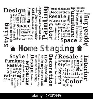 Home Staging Word Cloud with House Icon in the Background - Black and White Stock Vector