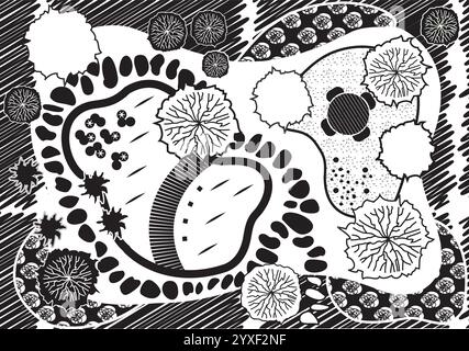 Plan of Landscape and Garden Design with Pool, Professional Illustration, Top View - Black and White Vector Stock Vector