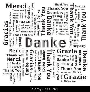 Thank You Word Cloud in Different Languages - 5 Languages, English, French, German, Spanish and Italian Stock Vector