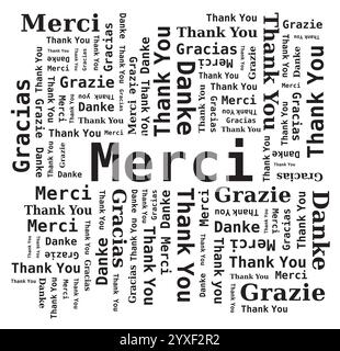 Thank You Word Cloud in Different Languages - 5 Languages, English, French, German, Spanish and Italian Stock Vector