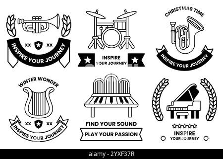 Set of illustrations in the concept of a musical instrument store in line illustration style Stock Vector