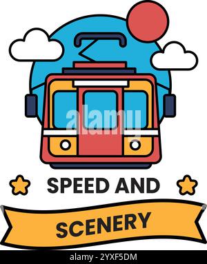 A red and yellow train with a blue sky in the background Stock Vector