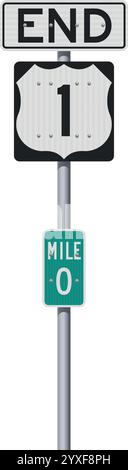Vector illustration of US Route 1 Mile Marker 0 End road signs on metallic pole Stock Vector