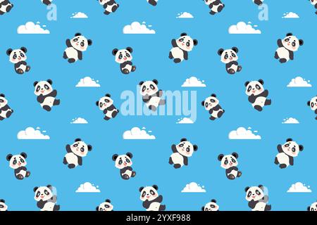 A repeating pattern featuring cute cartoon pandas joyfully floating among white clouds against a light blue sky. Stock Vector
