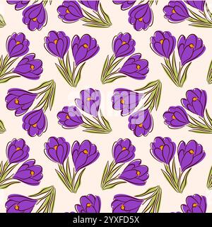 Seamless floral pattern with crocus or saffron flower in flat style. Spring design for wallpaper, wrapper and textile. Stock Vector