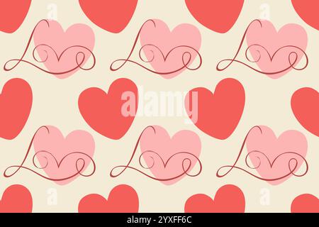 Pink hearts and beautiful inscription LOVE, calligraphic lettering romantic pattern on soft background. For wedding decoration. I love you, symbol. Ha Stock Vector