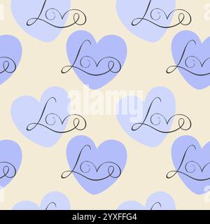 Violet lilac hearts and beautiful inscription LOVE, calligraphic lettering romantic pattern on soft background. For wedding decoration. I love you, sy Stock Vector