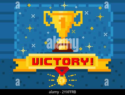 Pixel art cup. 8 bit game congratulation final screen. Winners gold goblet. Champion reward. Trophy asset. Golden medal badge. Best gamer. Arcade play Stock Vector