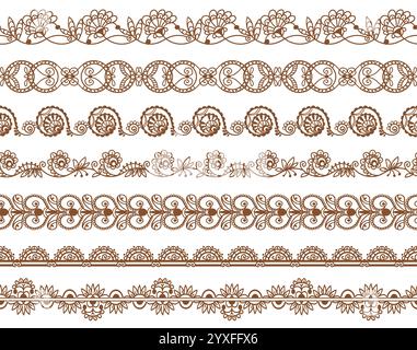Seamless mehndi borders. Ornamental floral elements. Decorative swirl brown lines. Indian art. Henna pattern. Ethnic oriental style. Arabesque lace. T Stock Vector