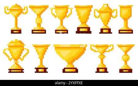 Pixel art gold cups. Retro 8 bit video game style. Winner rewards. Golden trophies. 80s design goblets. App assets. Arcade win champion. Leadership ch Stock Vector