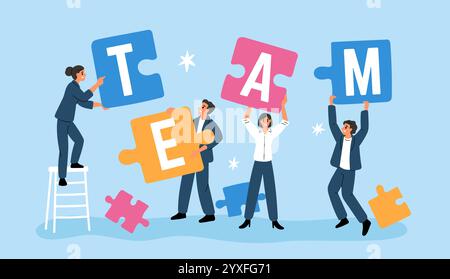 Office staff assemble puzzle. Well coordinated teamwork. Employees solving common problem. Business people working together. Common goal. Collogues co Stock Vector