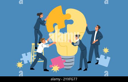 Office staff solve problem. People working together to assemble light bulb from puzzle pieces. Idea development. Successful teamwork. Employees join j Stock Vector