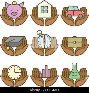 Set of nurturing vector icons with hands holding various symbols representing life, work, and science Stock Vector