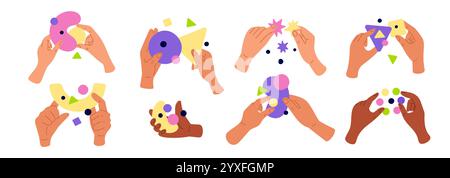 Hands holding colorful abstract shapes. Collecting puzzles. Geometric flat forms. Bright paper pieces. Arms making collage or applique. Jigsaw challen Stock Vector