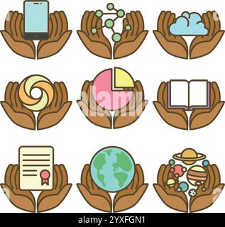 Set of nurturing vector icons with hands holding various symbols representing science, technology, and sustainability Stock Vector