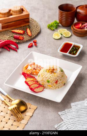 Yangzhou fried rice is a popular Chinese-style wok fried rice dish. Asia Chinese China food cuisine. Authentic Yangzhou fried rice with egg, fresh pra Stock Photo