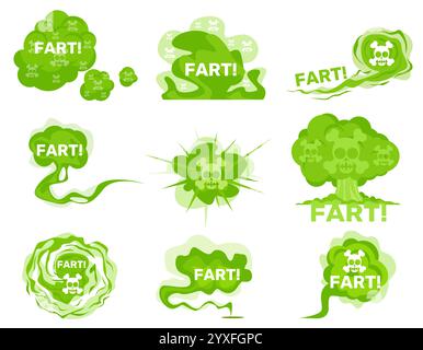 Green toxic fart. Stink smoke. Bad smelly acid clouds. Comic cartoon aroma puff with descriptions. Skull with bones. Poison evaporation. Rotten odor m Stock Vector