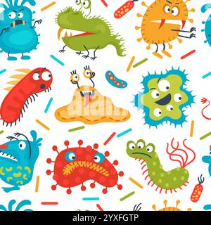 Funny bright bacteria seamless pattern. Germ characters. Kids repeated print. Viruses and microbes. Biology unicellular organisms. Disease pathogen. M Stock Vector