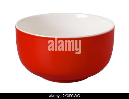 Empty red porcelain bowl cutout. Clean scarlet ramekin isolated on a white background. Clay ceramics porcelain tableware crockery for food design. Stock Photo