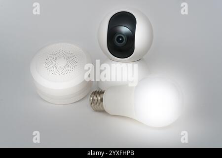 smart home devices monitoring camera light bulb gate separate on white background home automation monitoring system Stock Photo