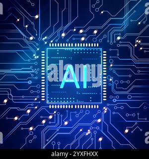 Artificial intelligence. Electronic chip with AI abbreviation on circuit board, top view Stock Photo