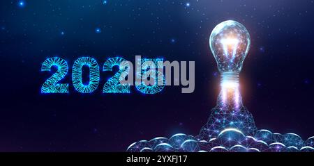 Bulb launch, wireframe polygonal style. 2025 start concept with glowing low poly rocket. Futuristic modern abstract background. Vector illustration. Stock Vector