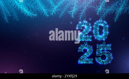 Postcard Happy New Year 2025. Low poly Christmas ball and fir branches. Numbers from a polygonal wireframe. Abstract vector illustration on a dark Stock Vector