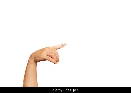 Man hand doing pointing gesture to the right on a white background Stock Photo