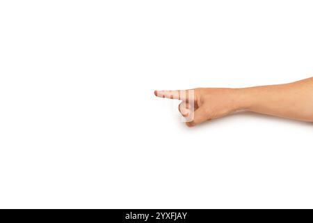 Man hand doing pointing gesture to the left on a white background Stock Photo