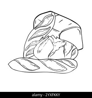 Rustic rye round bread and loaf black white vector illustration isolated. Hand drawn sandwich bread and baguette graphic sketch. Assorted crusty Stock Vector