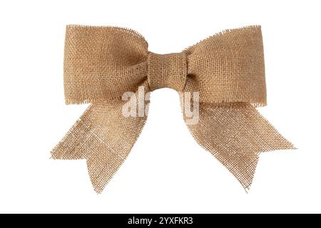 Brown sackcloth ribbon tied bow isolated on white. Rustic gift packaging decor. Stock Photo