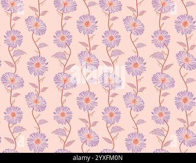 Aster hand drawn seamless vector flower, Stylized aster flower pattern Stock Vector