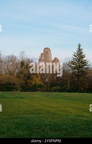 Visit to Bois de Vincennes showcases natural beauty with rock formations during a serene afternoon walk in the largest park of Paris Stock Photo