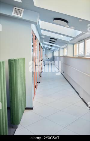 Vertical background shot of corridor with skylight windows and glass doors leading to individual office rooms in contemporary business center, copy space Stock Photo