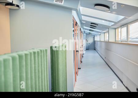 Background shot of hallway with roof windows and transparent doors leading to individual office rooms in modern business center, copy space Stock Photo